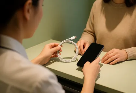 A technician hands a white charging cable to a customer holding a phone at a counter with a pale green wall.