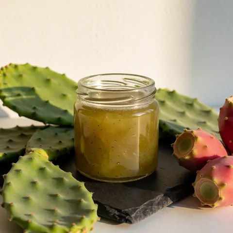 Glass jar of prickly pear gel on black stone surrounded by green leaves and pink fruit with warm lighting and white background