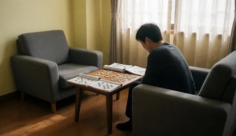 Chess instructor working on puzzles with books and pieces on a low table in a room with gray armchairs and natural light.