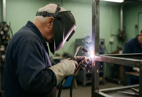 Worker welding metal beams in an industrial workshop with green walls