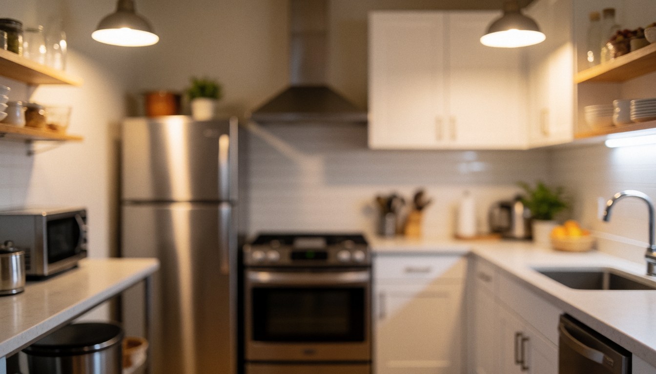 Hostel kitchen featuring stainless steel appliances, white cabinets, wooden shelves, and warm lighting, ideal for text backgrounds.