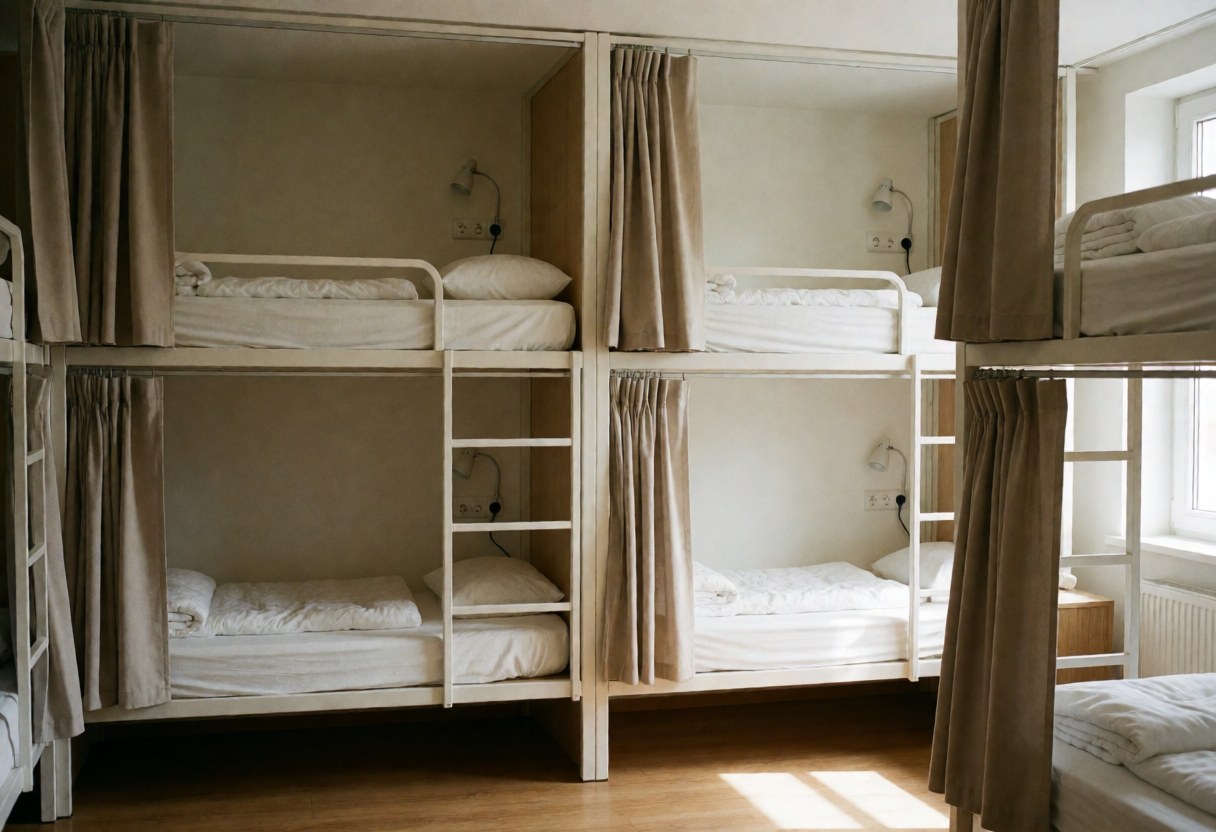 Hostel bedroom featuring wooden bunk beds with beige privacy curtains, reading lights, electrical outlets, hardwood floors, and natural light from a window.