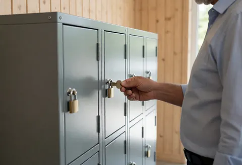 A man uses a key to open a metal locker in a hostel setting with wooden walls and natural light.