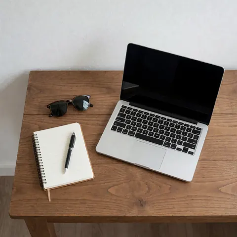 Open laptop, notebook with pen, and sunglasses arranged neatly on a textured wooden table against a white wall with natural light
