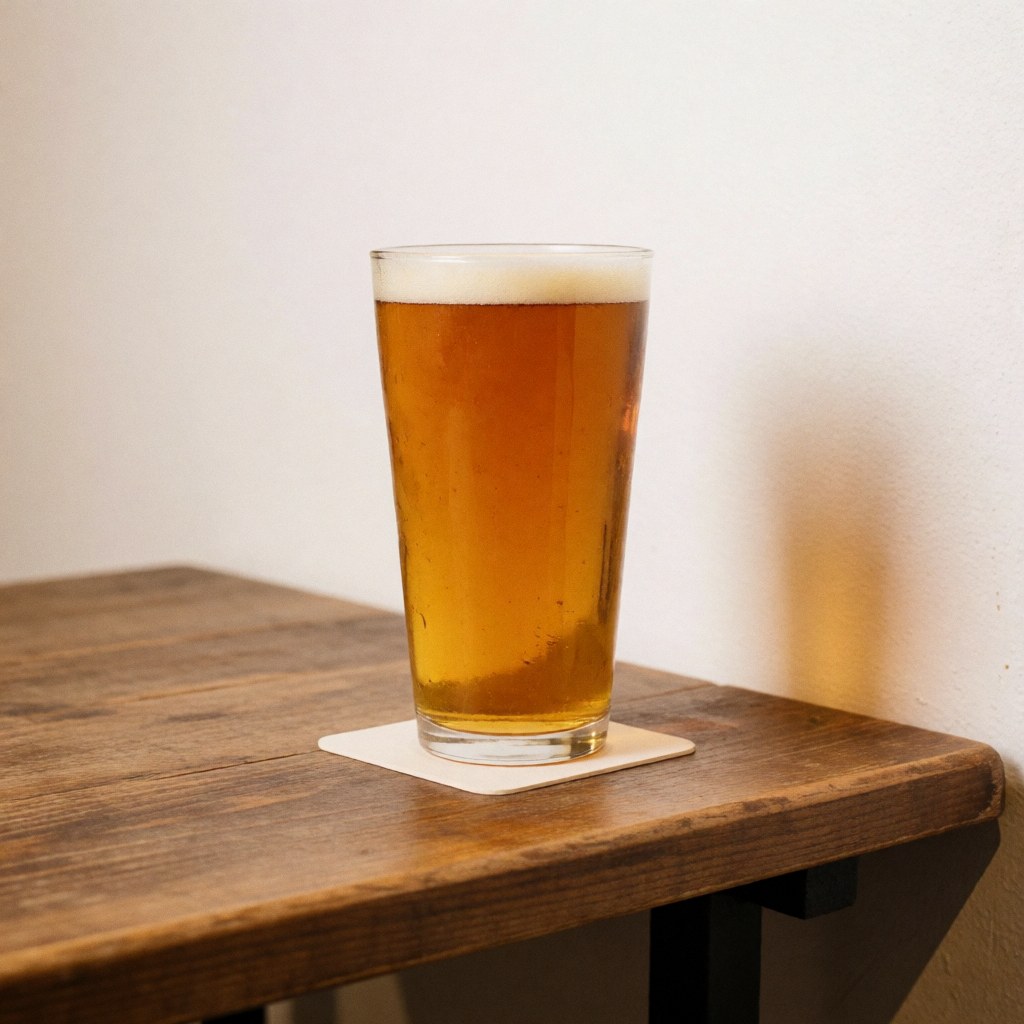 Tall glass of craft beer with white foam sits on a white coaster atop a rustic wooden table against a white wall with warm lighting.