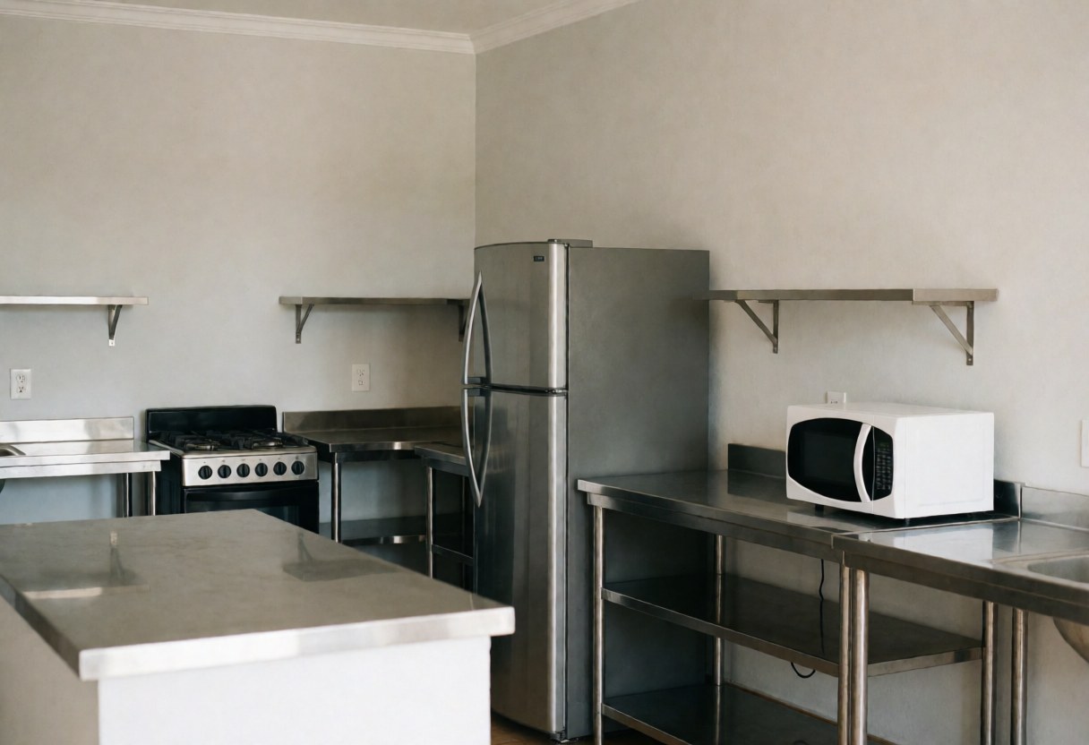 Shared hostel kitchen featuring a refrigerator, microwave, stove, and clean stainless steel countertops.