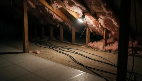 Attic ceiling space with wooden beams, pink insulation, and loose network cables under focused light, suitable for text background.