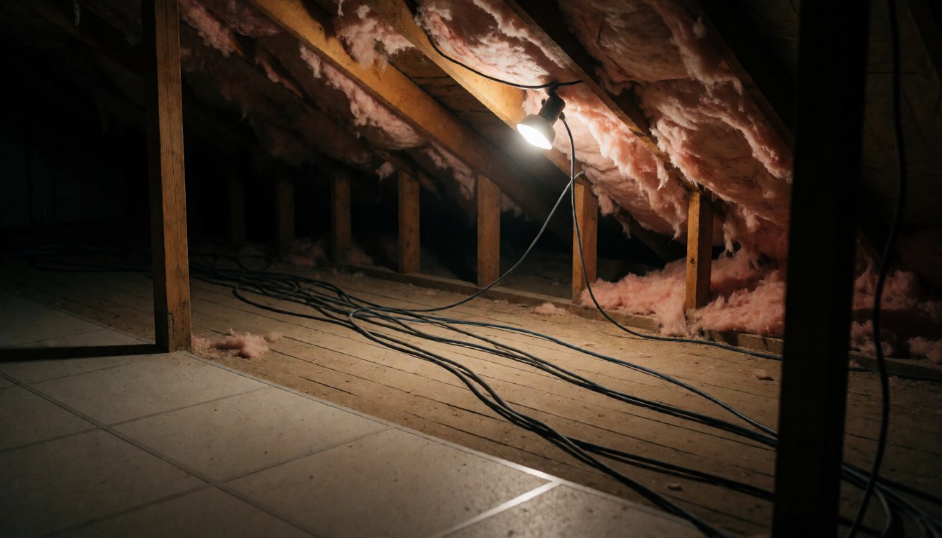 Attic ceiling space with wooden beams, pink insulation, and loose network cables under focused light, suitable for text background.