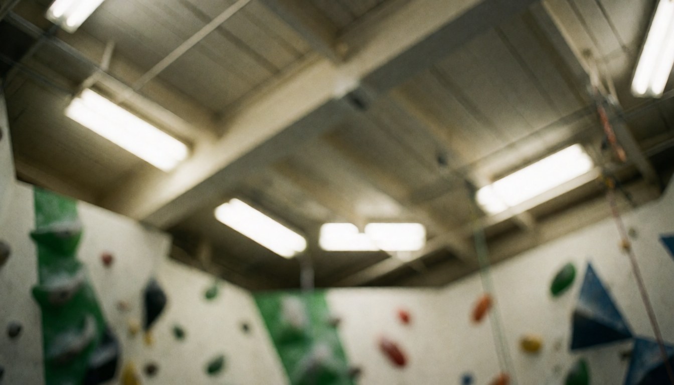 Out of focus ceiling of a climbing gym featuring green and red handholds, exposed beams, and fluorescent lights, suitable as a text background.