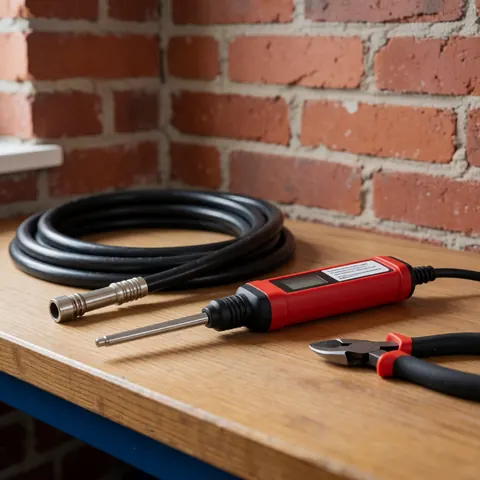 Red gas detector with black cable and clamp on a wooden workbench against a red brick wall in a bright workshop setting.