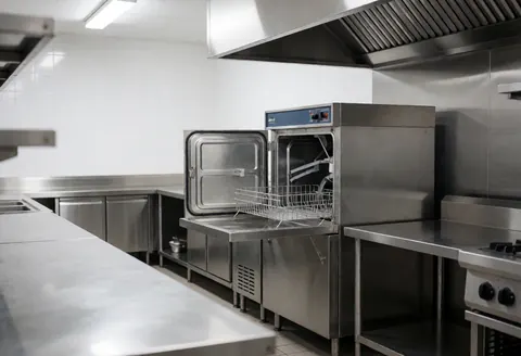 Open industrial dishwasher in a clean commercial kitchen with shiny stainless steel surfaces and white walls, ready for use.