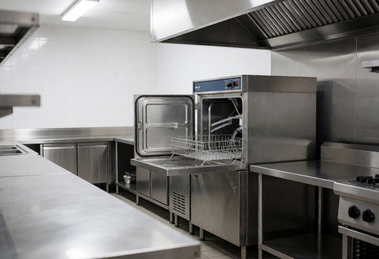 Open industrial dishwasher in a clean commercial kitchen with shiny stainless steel surfaces and white walls, ready for use.