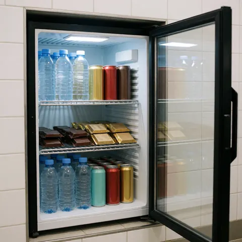 Open refrigerator stocked with water bottles, beverage cans, and chocolate bars on metal shelves against a white tiled wall