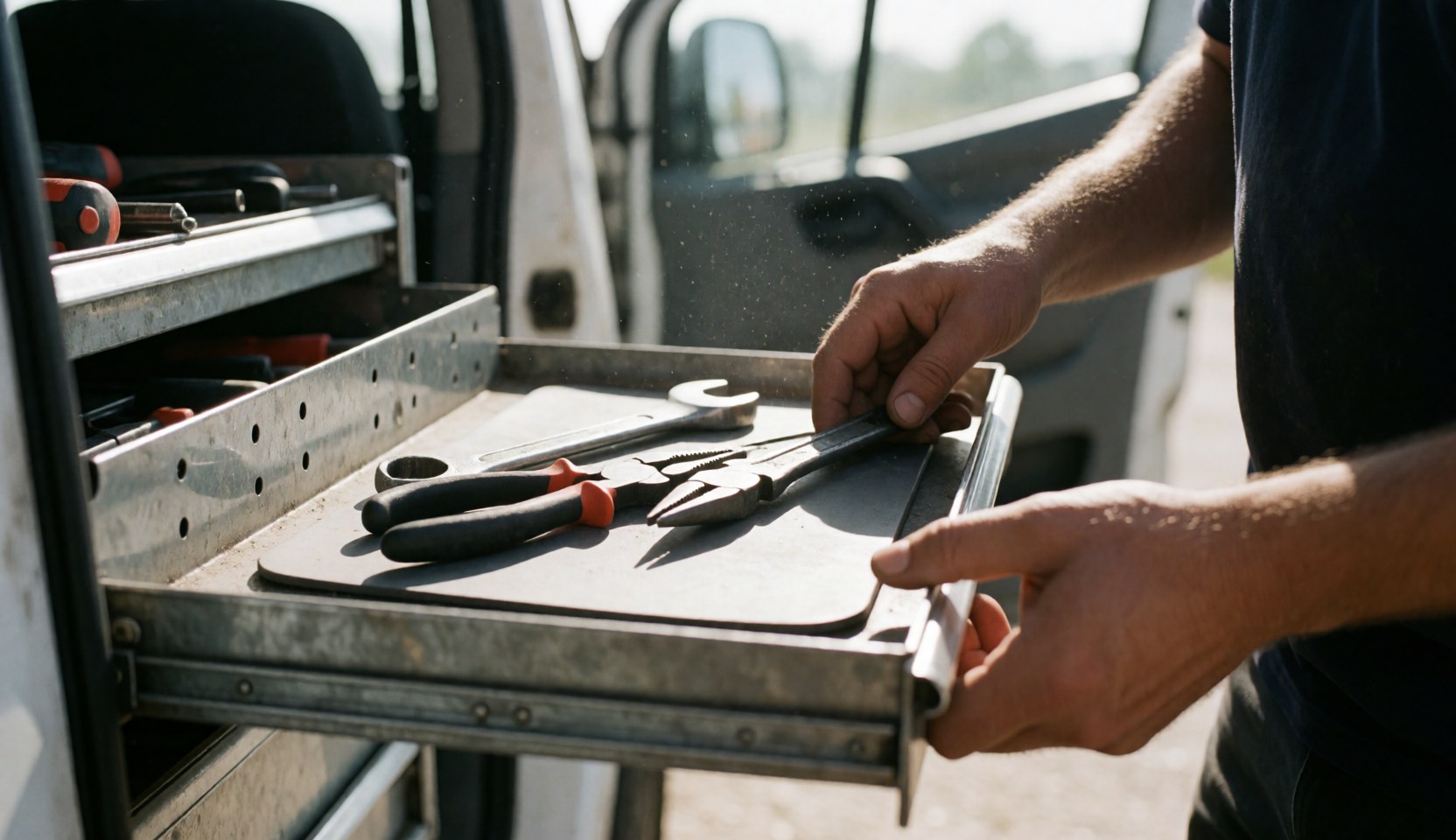 Worker's hand arranging wrench and pliers in a metal toolbox inside a truck with sunlight and dust in the air