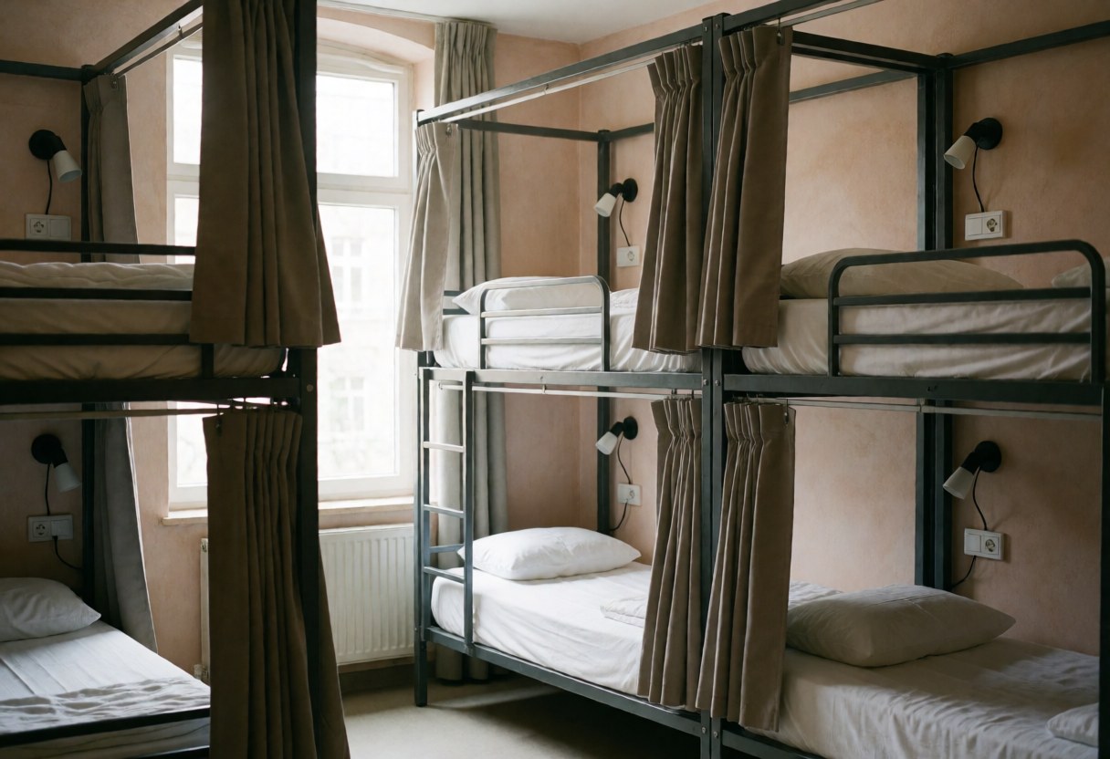 Hostel dormitory featuring bunk beds with curtains, wall lights, and outlets against terracotta walls, illuminated by natural light from a window.