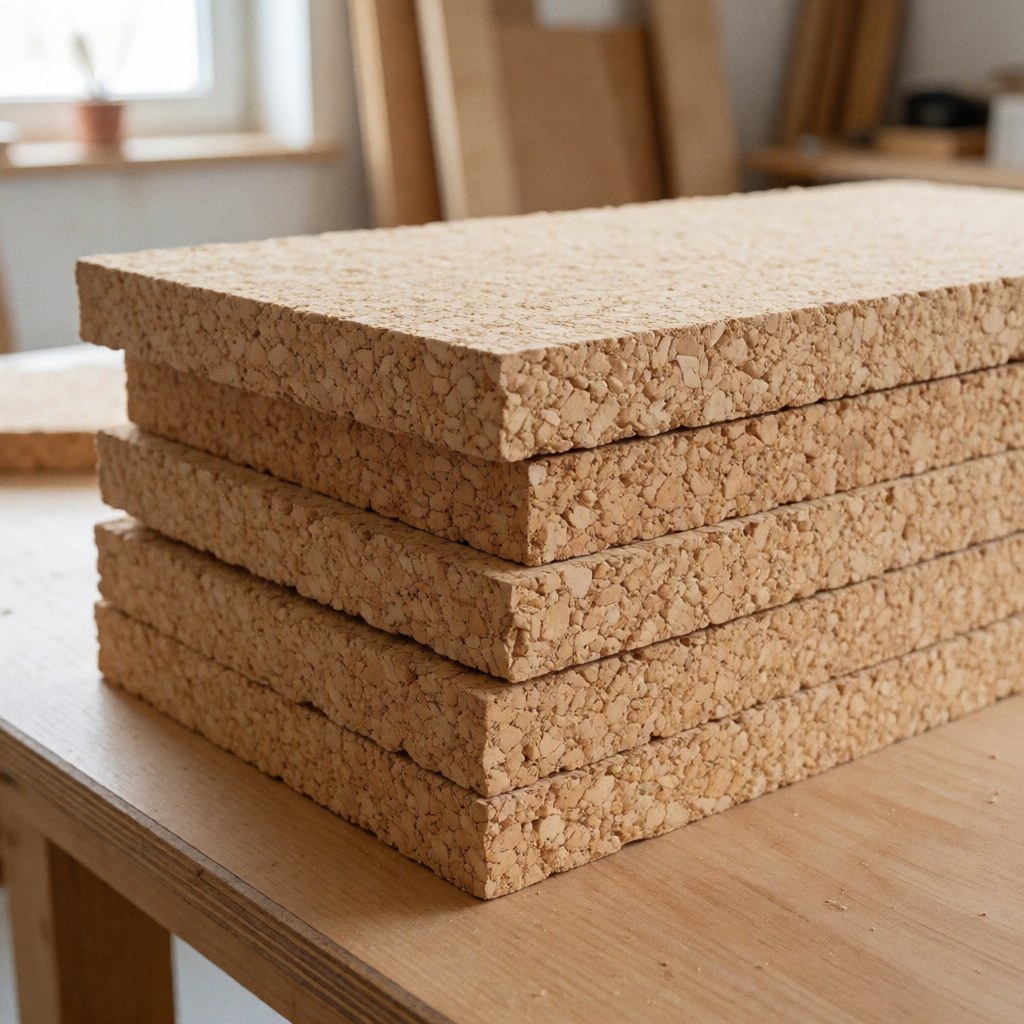 Stack of natural cork boards with granular texture on a light wooden table in a well-lit workshop, highlighting eco-friendly thermal insulation material.