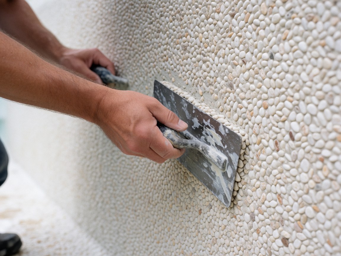 Close-up of a hand using a trowel to apply a small stone pebble finish to a swimming pool wall surface.