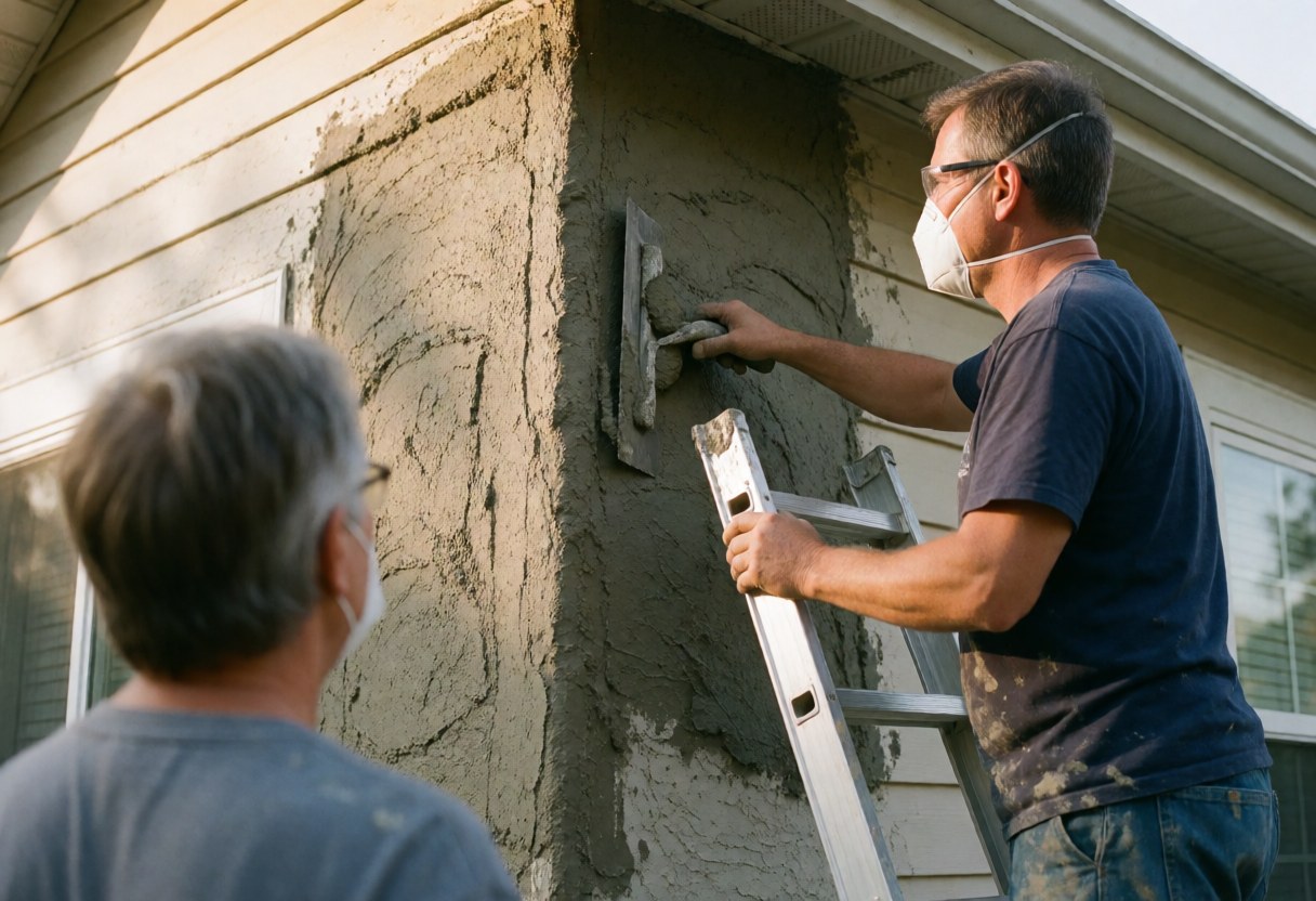 A professional worker applies gray stucco to a house wall using a trowel while wearing safety gear.