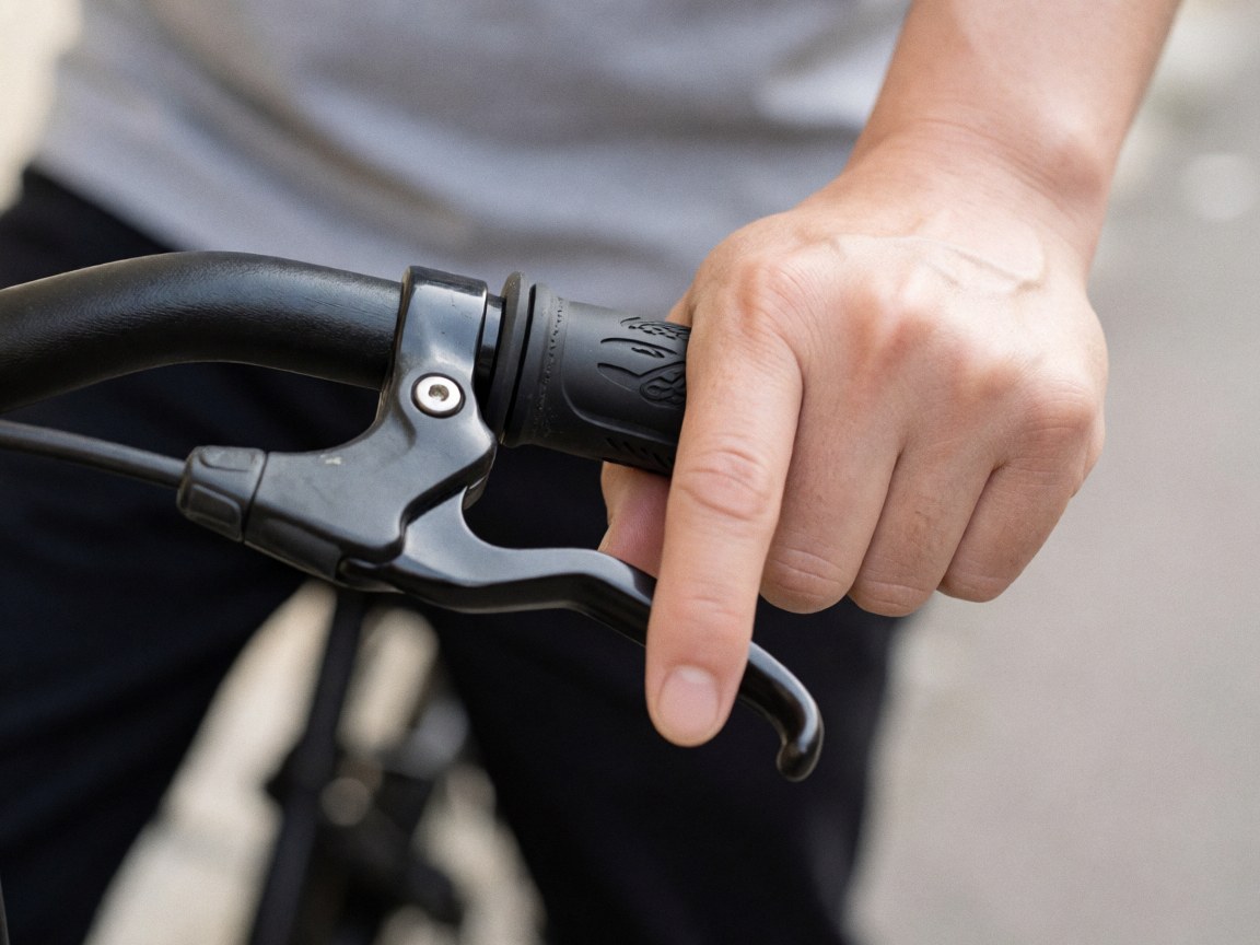 Close-up of an adult hand gripping a bicycle handlebar with brake, showing grip detail against a blurred wall and pavement background