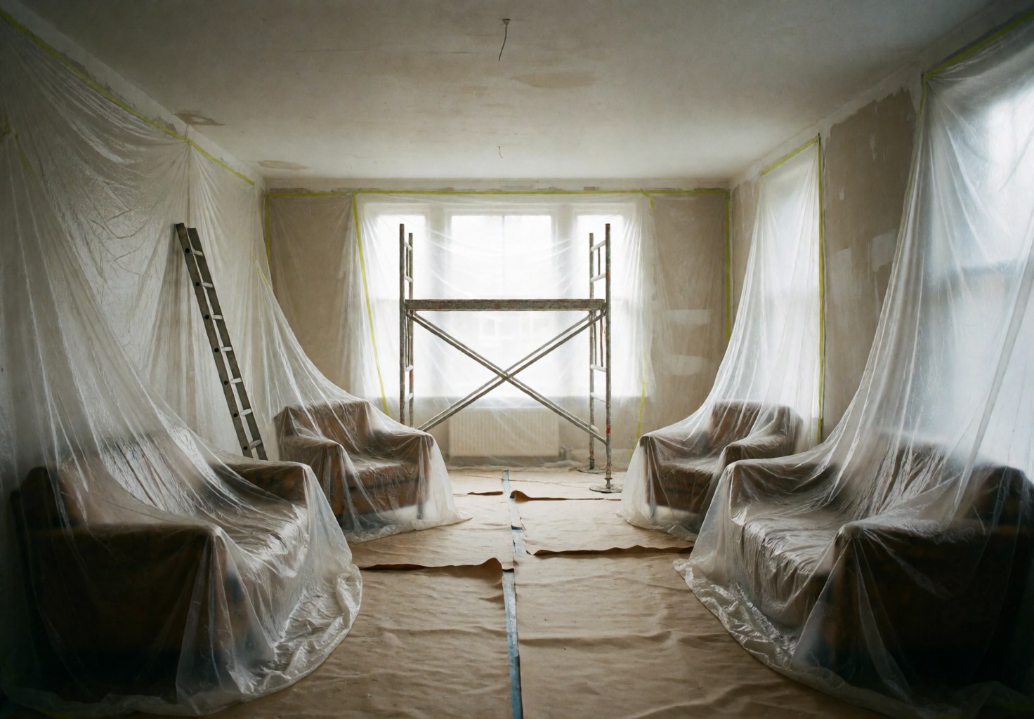 Empty room with furniture covered in plastic, scaffolding in the center, and kraft paper on the floor, lit by natural light from windows.