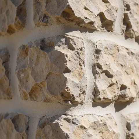 Close-up of an exposed stone wall featuring natural mortar joints, organic rock texture, and soft shadows highlighting the rustic finish.