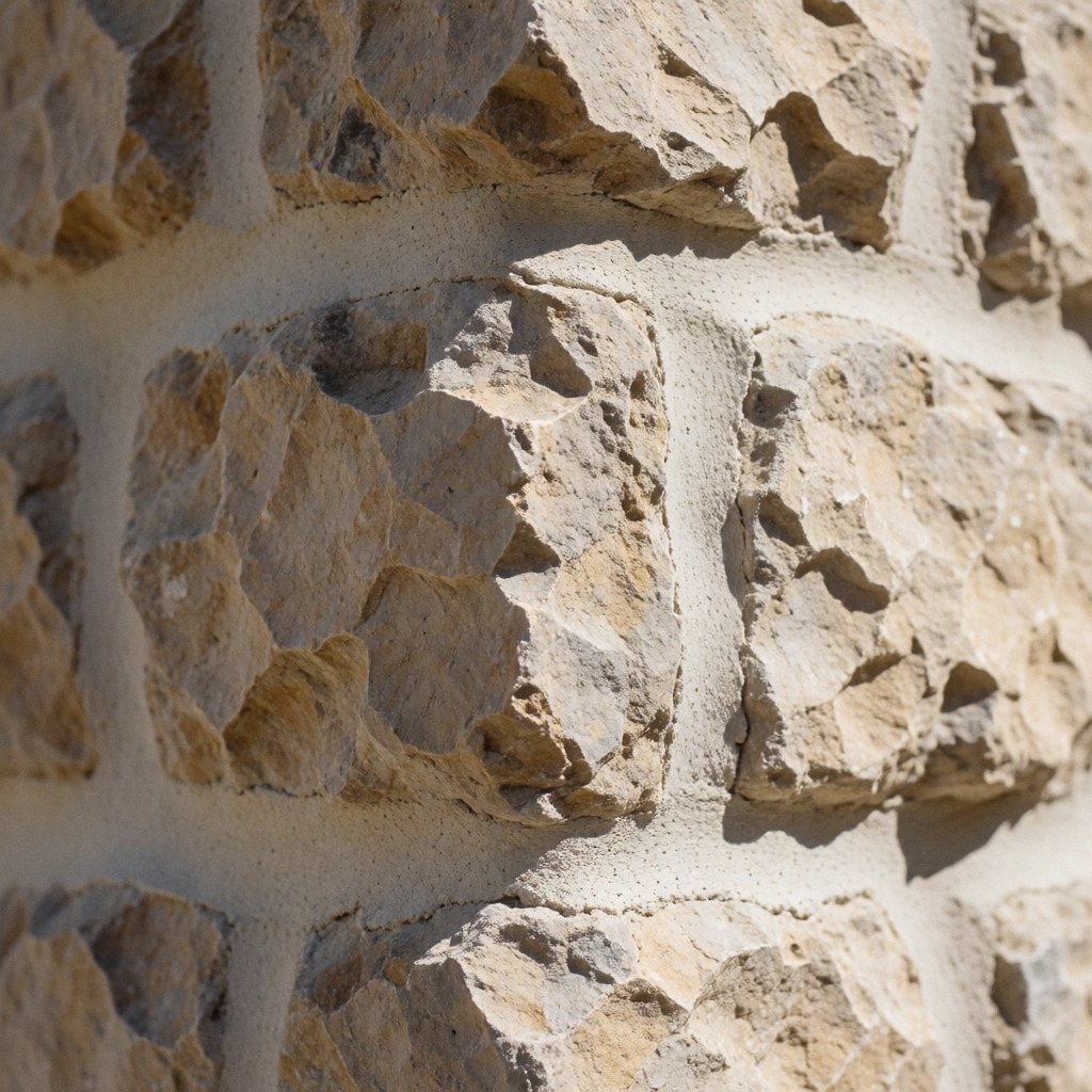 Close-up of an exposed stone wall featuring natural mortar joints, organic rock texture, and soft shadows highlighting the rustic finish.