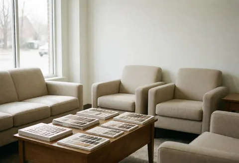 Beige furniture and color catalogs on a wooden table in a bright waiting room with natural light from a window