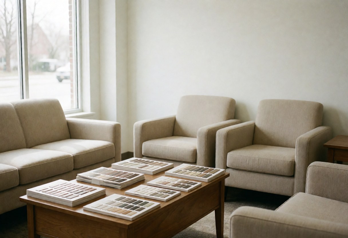 Beige furniture and color catalogs on a wooden table in a bright waiting room with natural light from a window