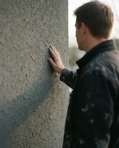 A professional worker in a dark jacket is touching a gray textured wall, with hand and wall in focus under natural light.