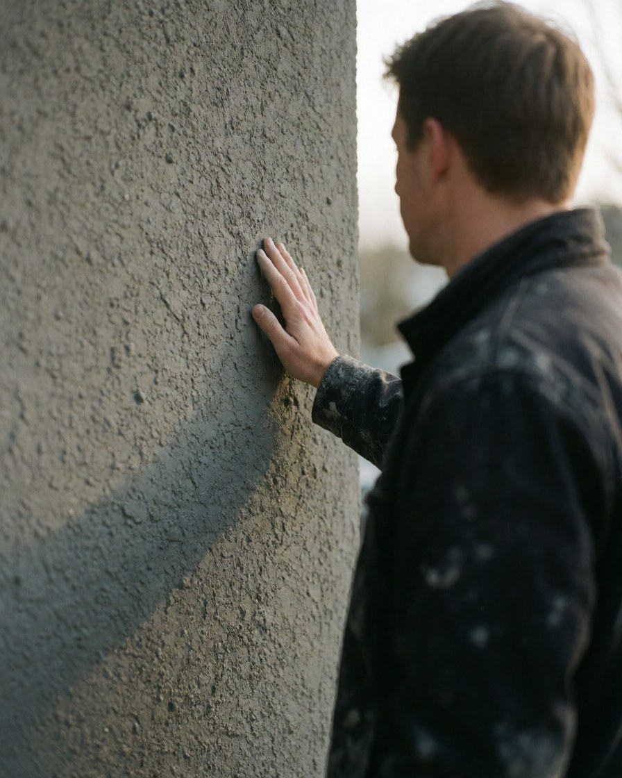A professional worker in a dark jacket is touching a gray textured wall, with hand and wall in focus under natural light.