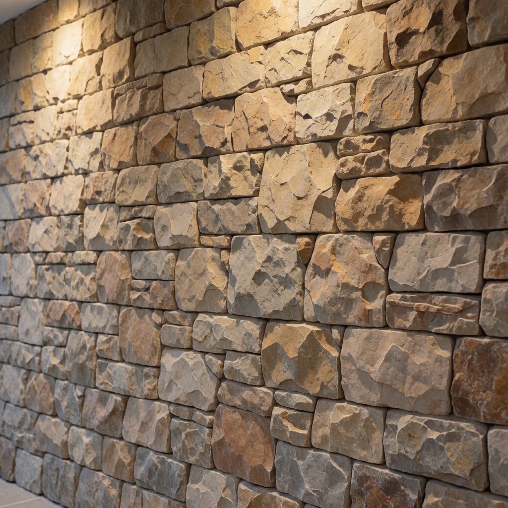Exterior wall featuring irregular earth-toned stones with visible mortar, showcasing a natural rustic finish under warm lighting that highlights the textured surface.