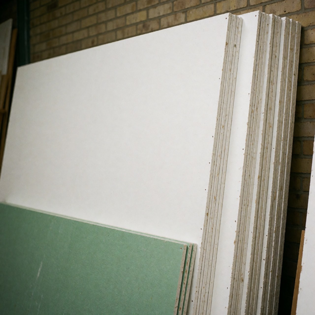 Stacks of white and green plasterboard panels leaning against a brick wall in a warehouse, showing their smooth surfaces and edges.