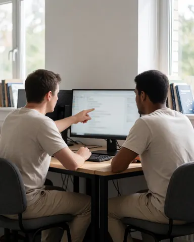 Two individuals seated at desks facing computer monitors in a programming course, one pointing at the screen while the other observes, with natural light and books nearby