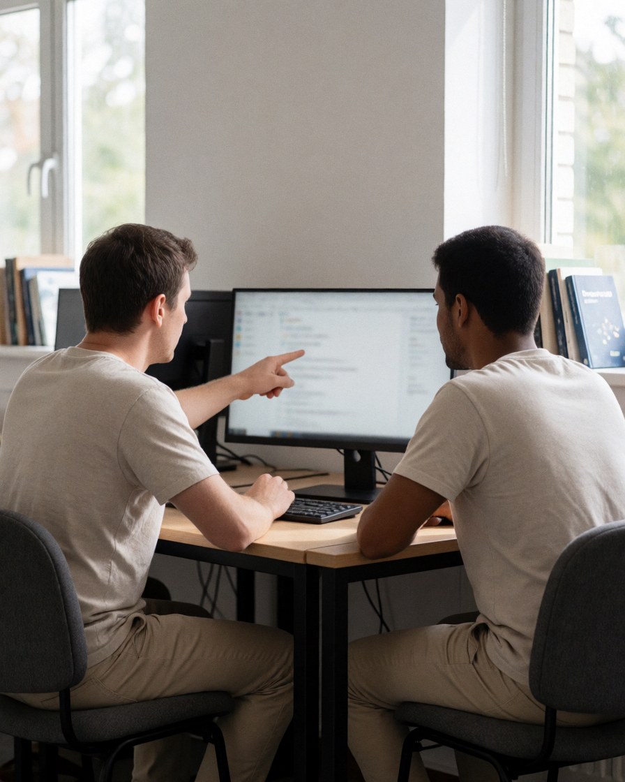 Two individuals seated at desks facing computer monitors in a programming course, one pointing at the screen while the other observes, with natural light and books nearby