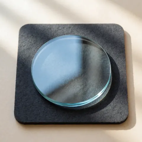 Circular anti-reflective watch crystal resting on a gray felt cushion, illuminated by soft natural light against a beige background.