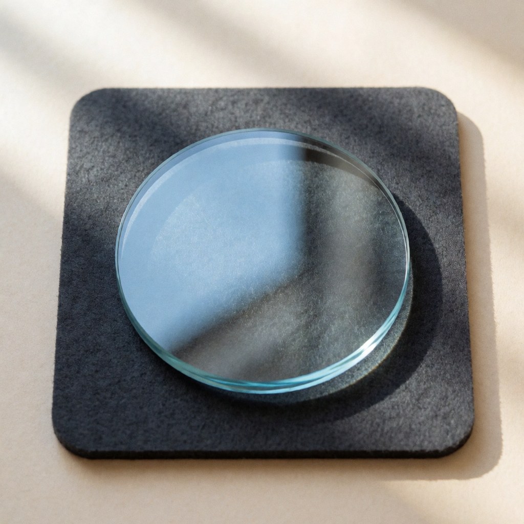 Circular anti-reflective watch crystal resting on a gray felt cushion, illuminated by soft natural light against a beige background.
