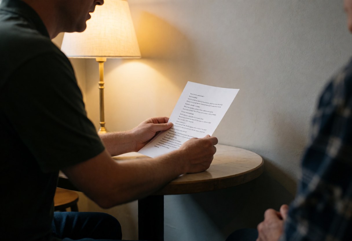 A person in profile reading a poem at a round table under the warm glow of a lamp, depicting a writing school service in action.