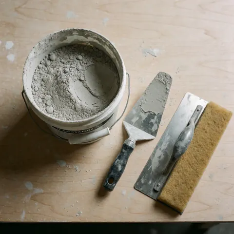Gray stucco mixture in a container with a trowel and sponge on a wooden workbench, plastering tools for construction.