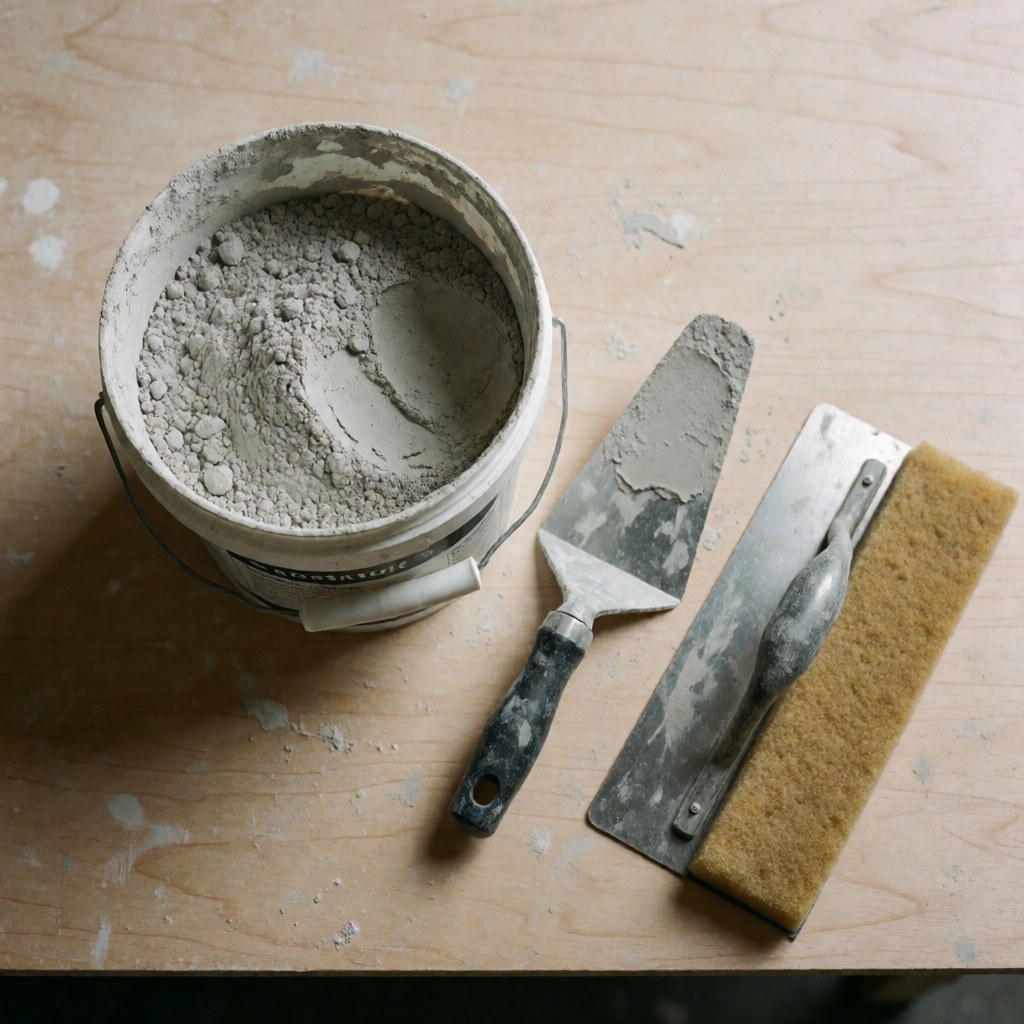 Gray stucco mixture in a container with a trowel and sponge on a wooden workbench, plastering tools for construction.