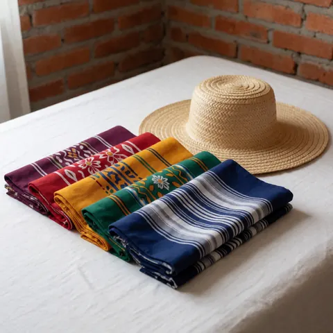 Colorful sarongs and a straw hat arranged on a white bed with a brick wall background