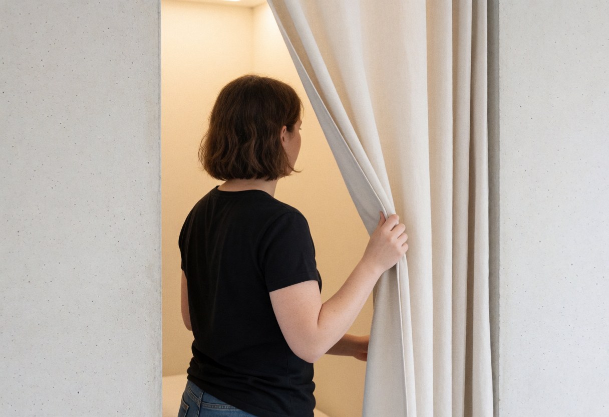 Woman closing white curtain in private hostel room with concrete walls and warm interior light