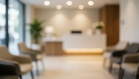 Blurred background of a modern waiting area featuring chairs and a reception counter with warm lighting, suitable for business text overlays.