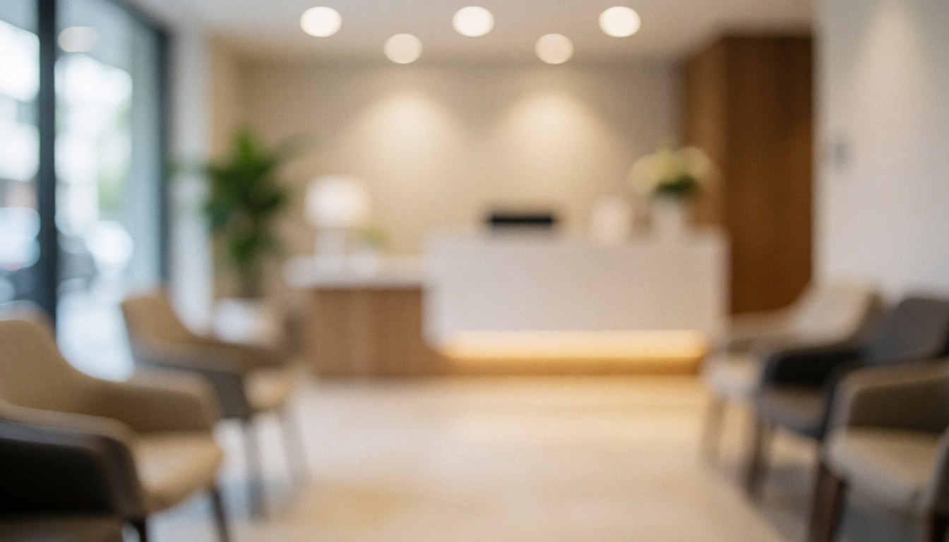 Blurred background of a modern waiting area featuring chairs and a reception counter with warm lighting, suitable for business text overlays.