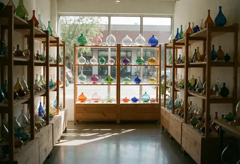 Wooden shelves in a glass shop displaying bright artisan glass pieces illuminated by sunlight from windows