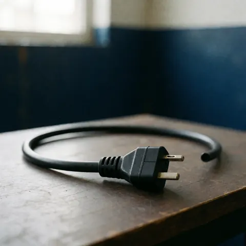 Black power cord with wall plug resting on a dark wooden table in a workshop with a blue wall