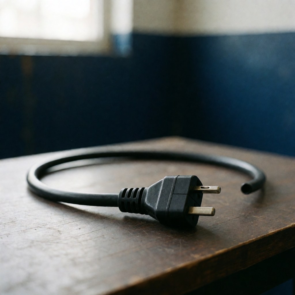 Black power cord with wall plug resting on a dark wooden table in a workshop with a blue wall