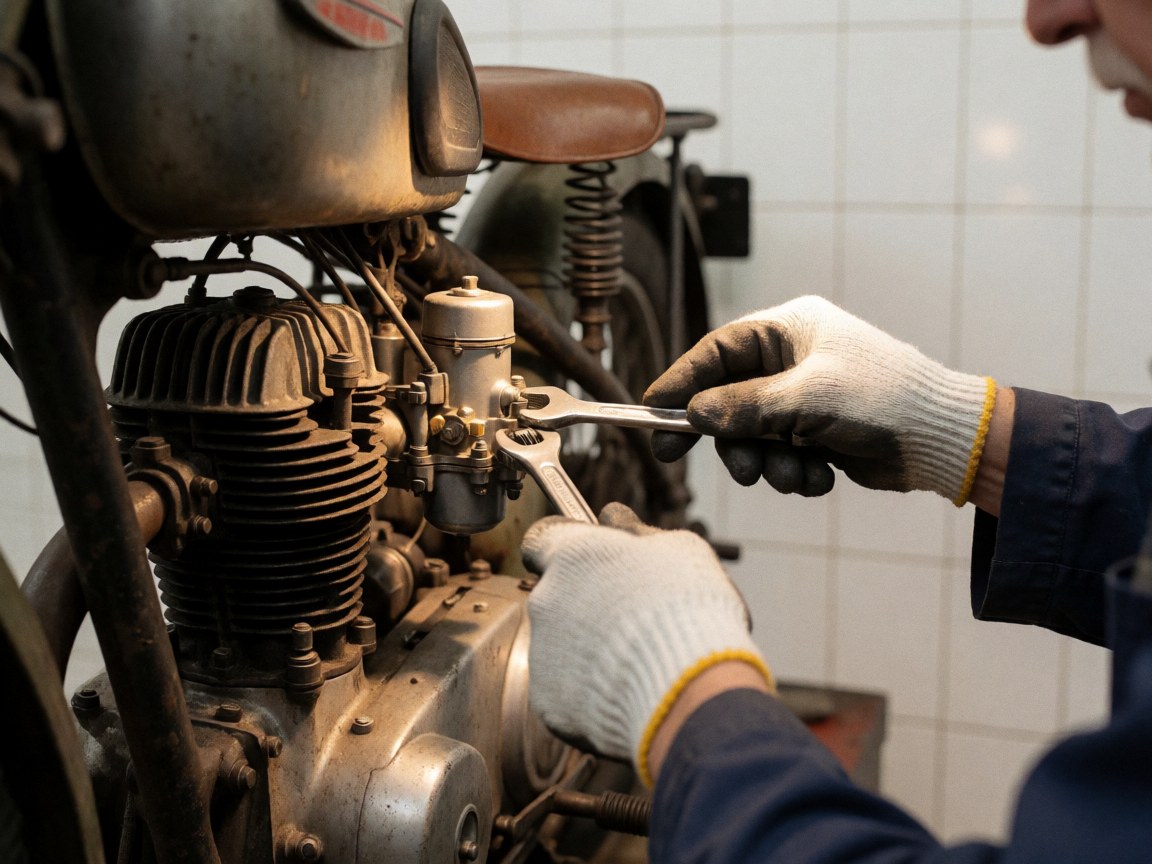 Close-up of mechanic adjusting carburetor on vintage motorcycle engine using a wrench against white tiled wall