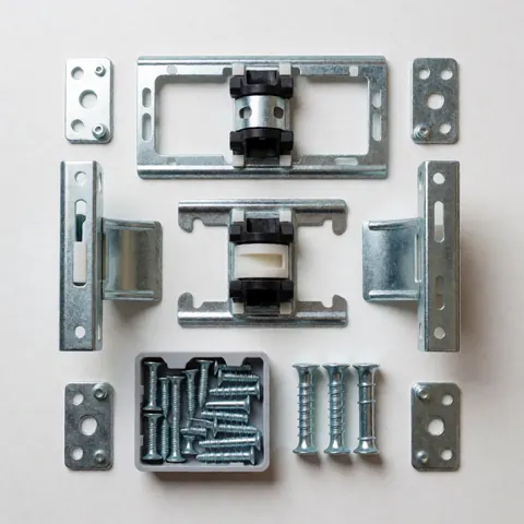 Disassembled tv mounting kit on white background showing brackets screws and wall anchors for secure installation