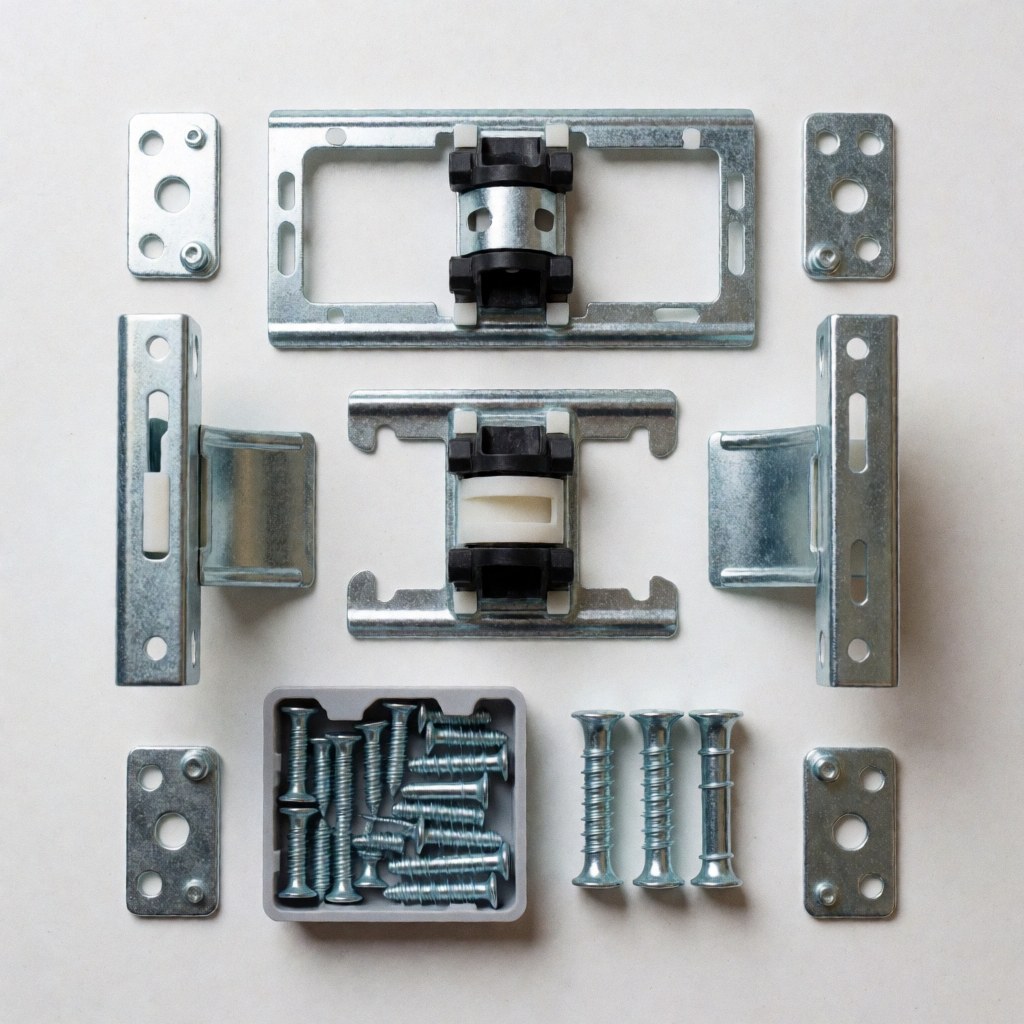 Disassembled tv mounting kit on white background showing brackets screws and wall anchors for secure installation