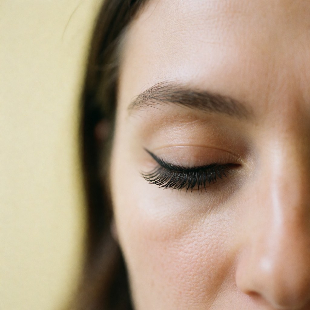 Close-up of an eye featuring natural black eyelash extensions against a pale yellow wall with soft lighting and visible texture.